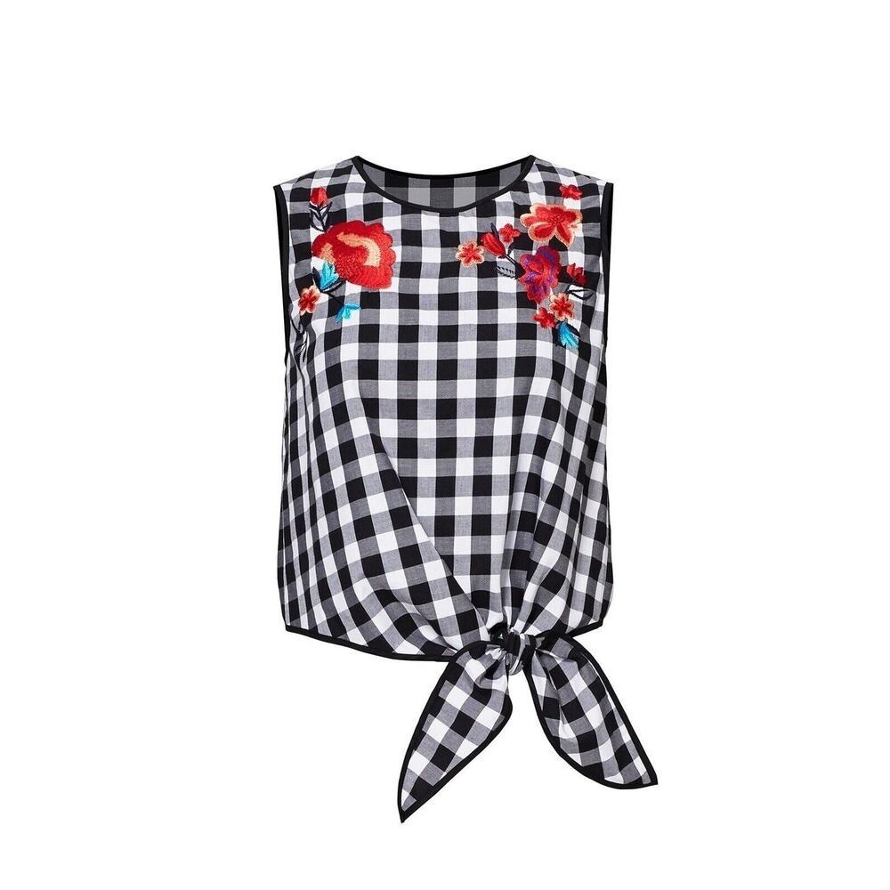 Parker Size S Printed Dayton Top Embroidered Floral Black White Check Women's